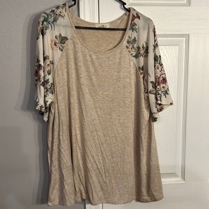 Tan shirt w/ floral sleeves - size large